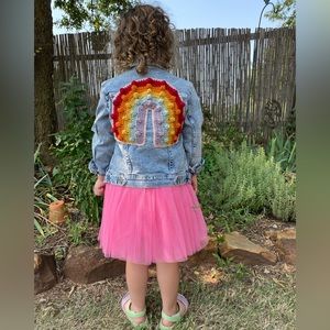 Girls 6-6X Denim Jean Jacket with crochet rainbow
